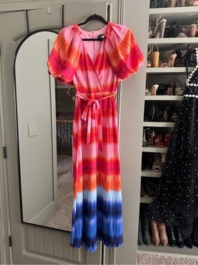 Maison Tara Pink, Orange & Blue Ombre Tie-Waist Maxi Dress